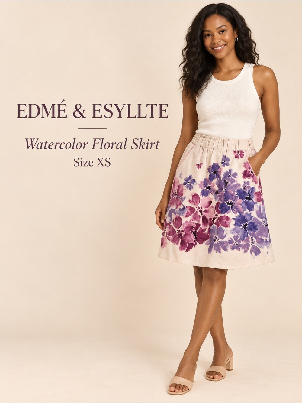 Anthropologie Edmé & Esyllte Watercolor Floral Cotton Skirt XS